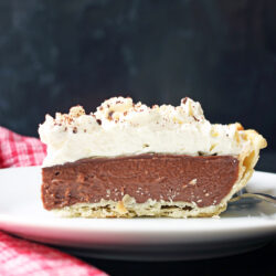 sideview of chocolate cream pie.