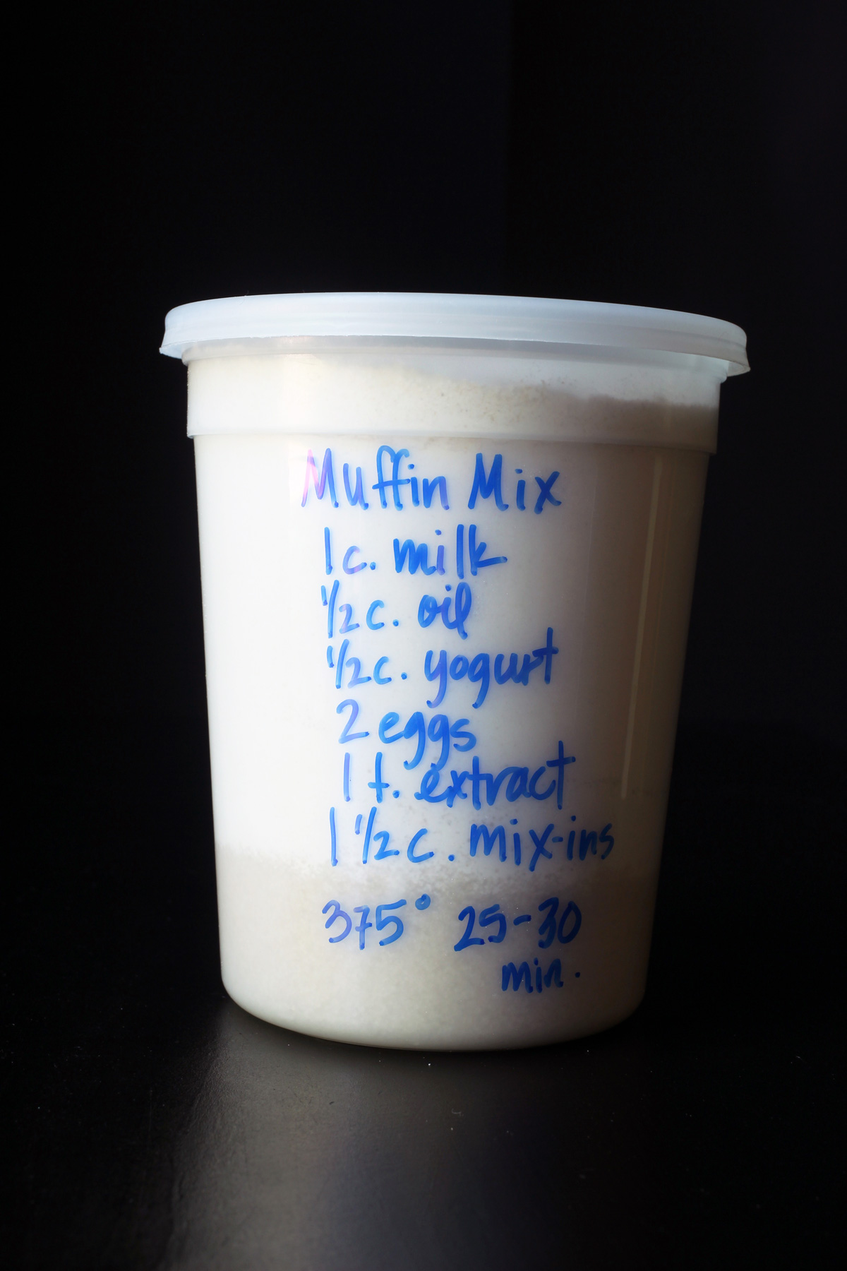 muffin mix in a tub.