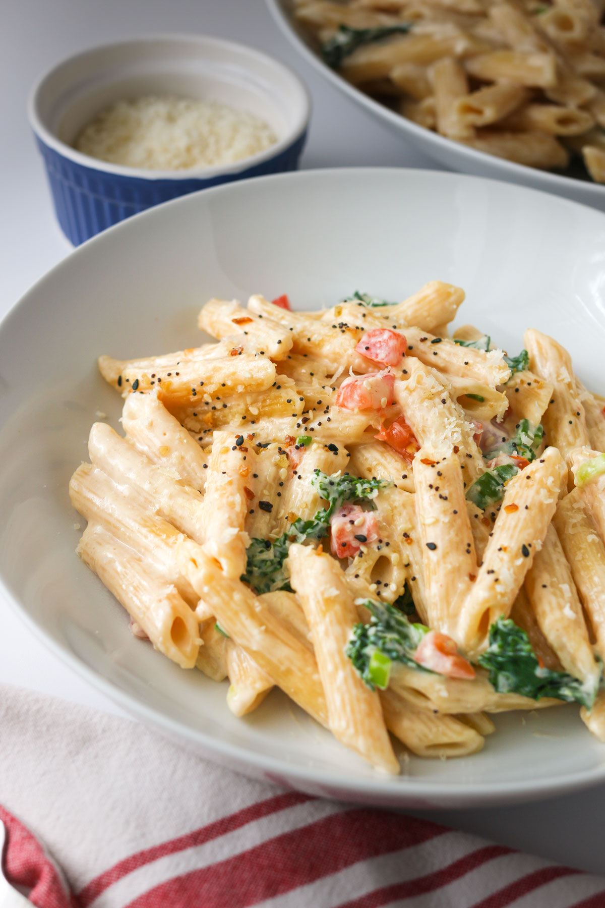 close up of cream cheese pasta in white bowl with parmesan in background.