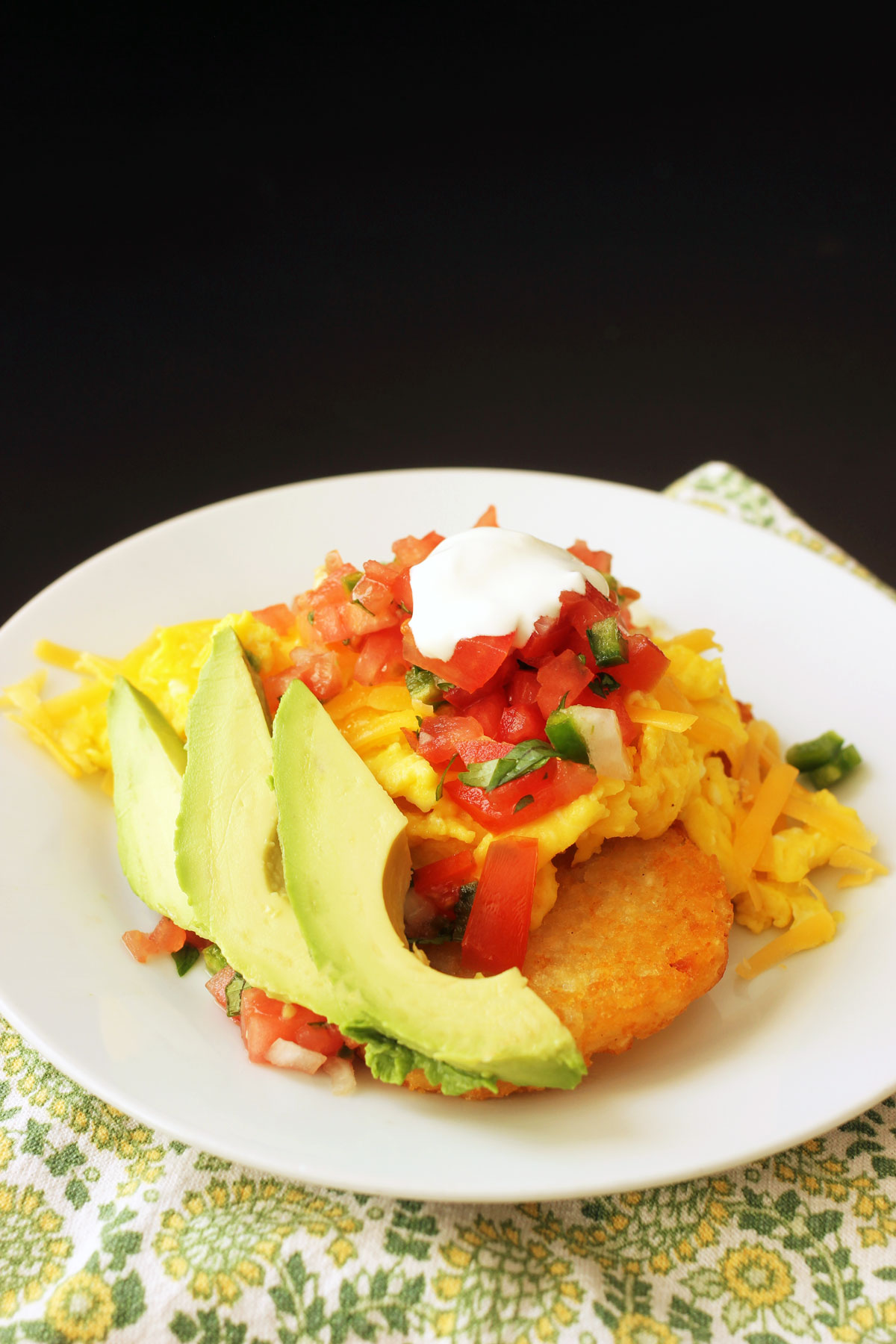 hash brown stacks with avocado slices fanned out