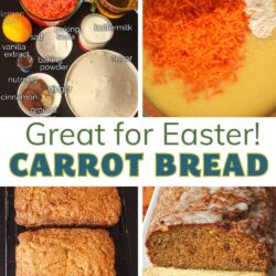 collage of ingredients, making, and serving carrot bread.