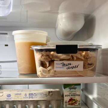 leftovers on top shelf of fridge.