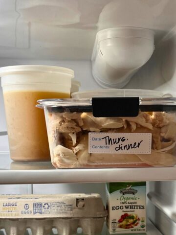 leftovers on top shelf of fridge.