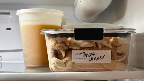 leftovers on top shelf of fridge.