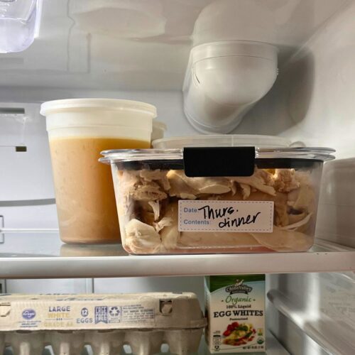 leftovers on top shelf of fridge.