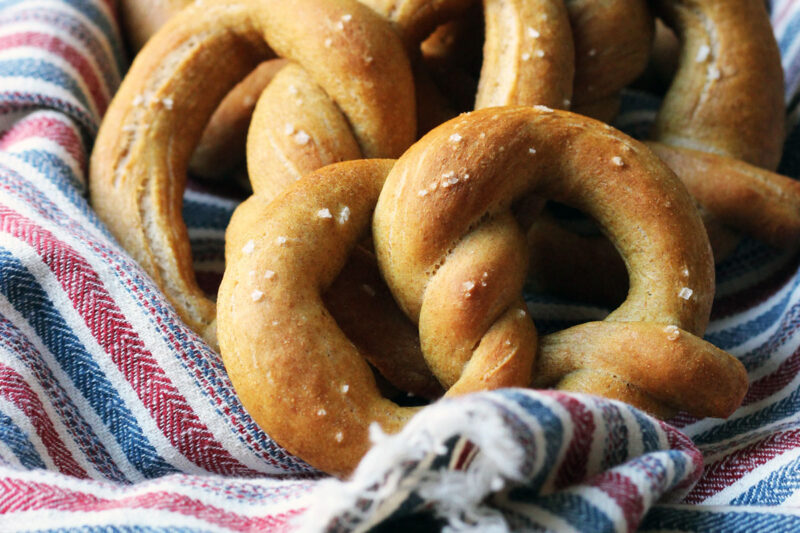 soft pretzels in napkin lined basket