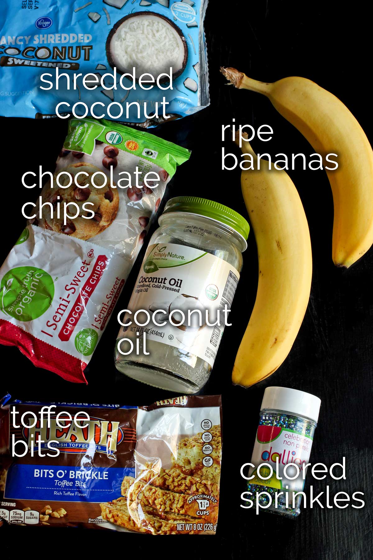 ingredients for frozen chocolate bananas laid out on tabletop.