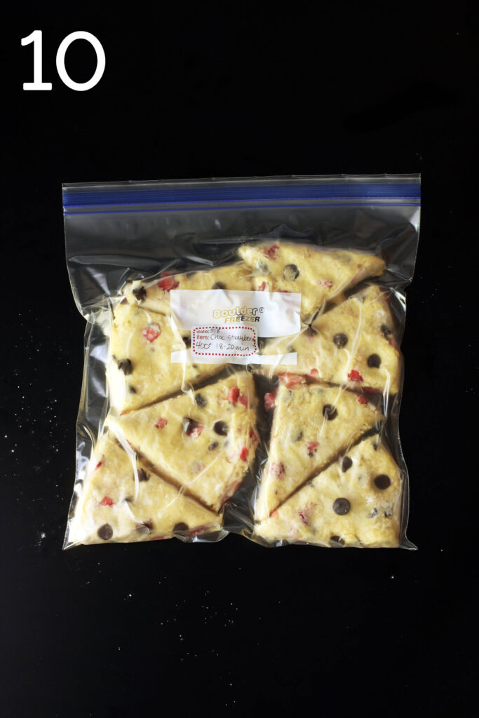frozen scones in a labeled bag to be stored in the freezer.