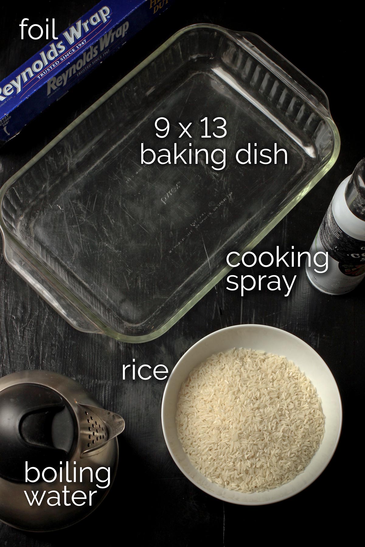 ingredients and equipment needed to make baked rice on tabletop.