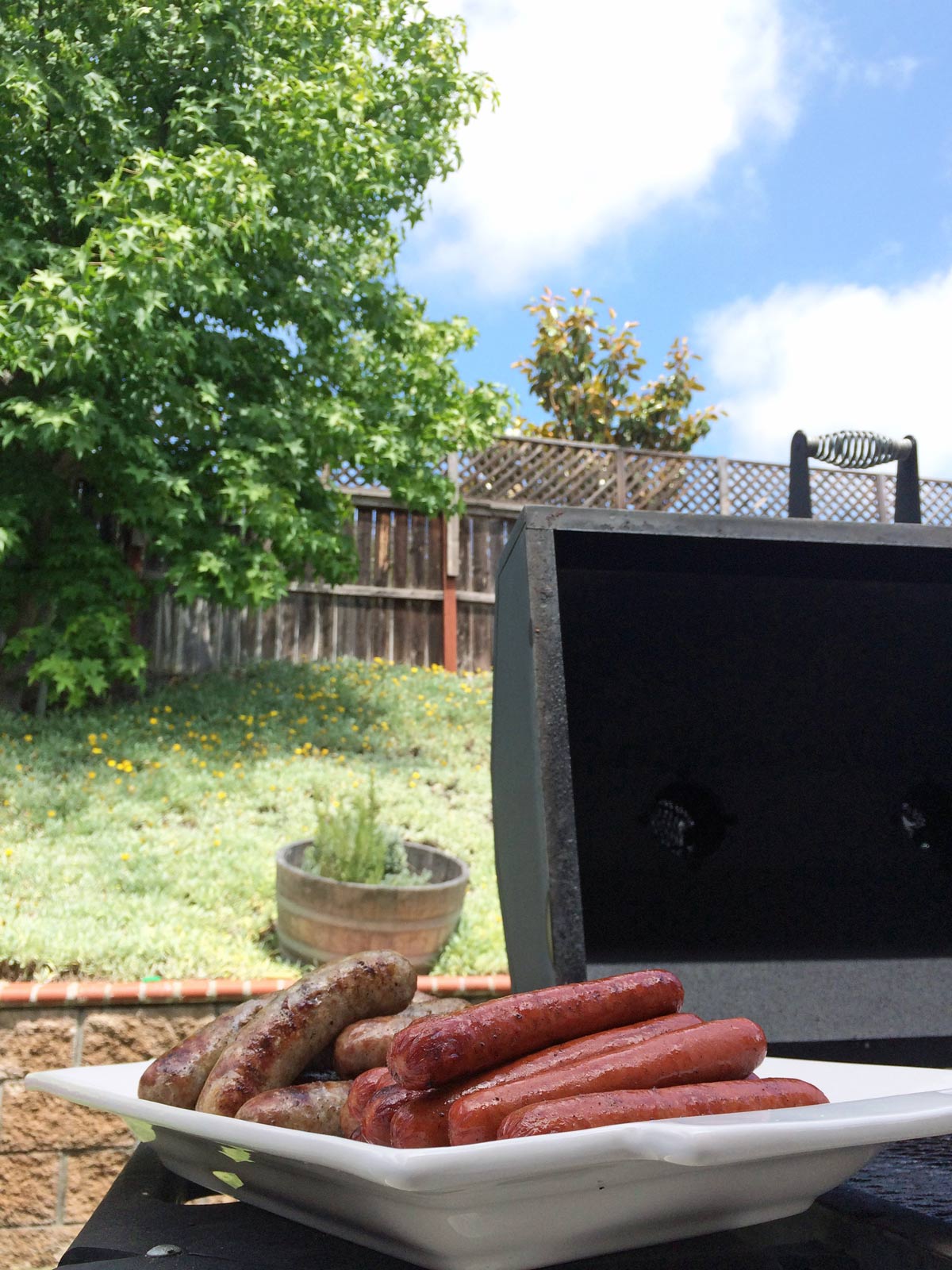 trees and blue sky in the backyard with grill and platter of sausages in the foreground.