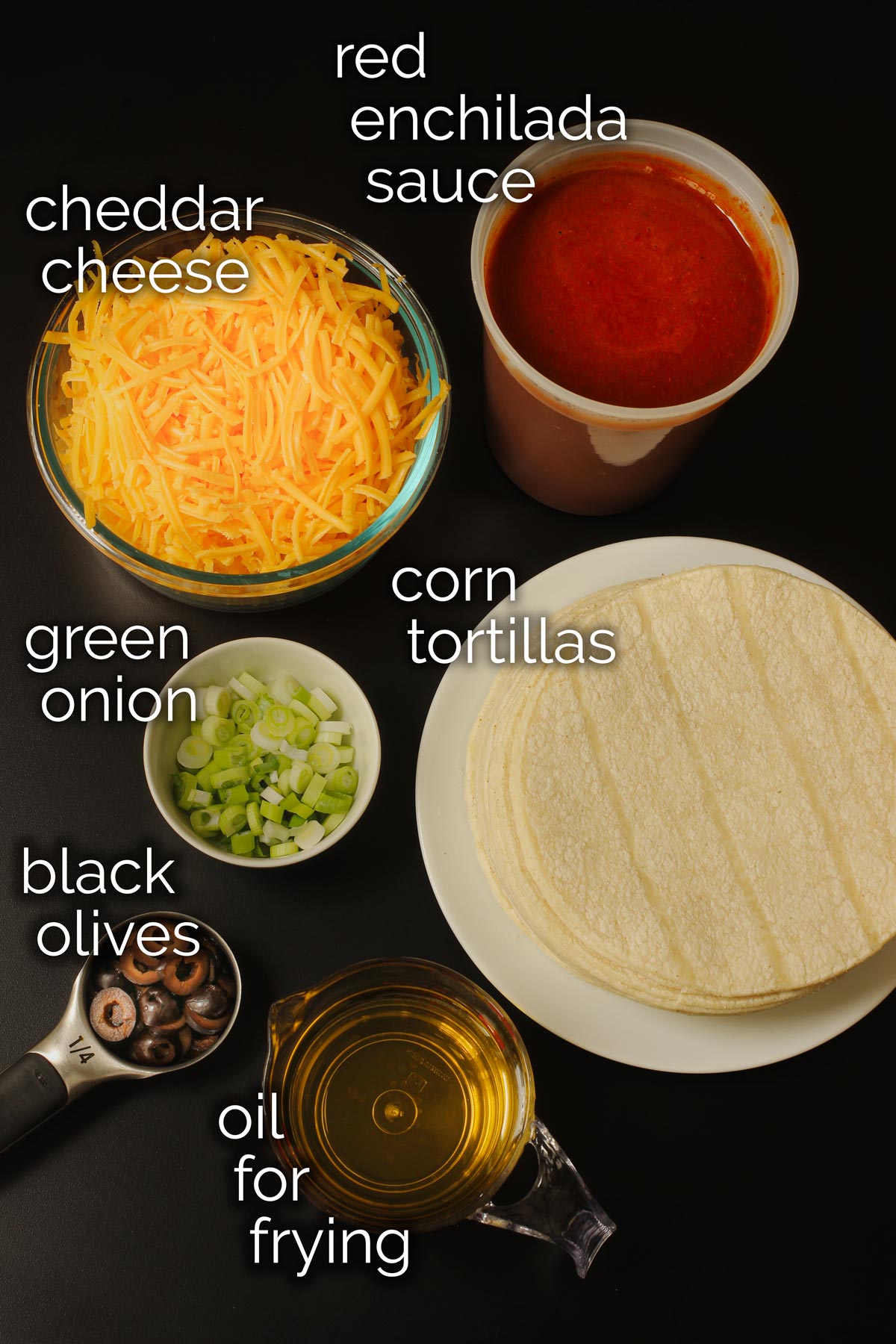 ingredients for cheese enchiladas laid out on table.