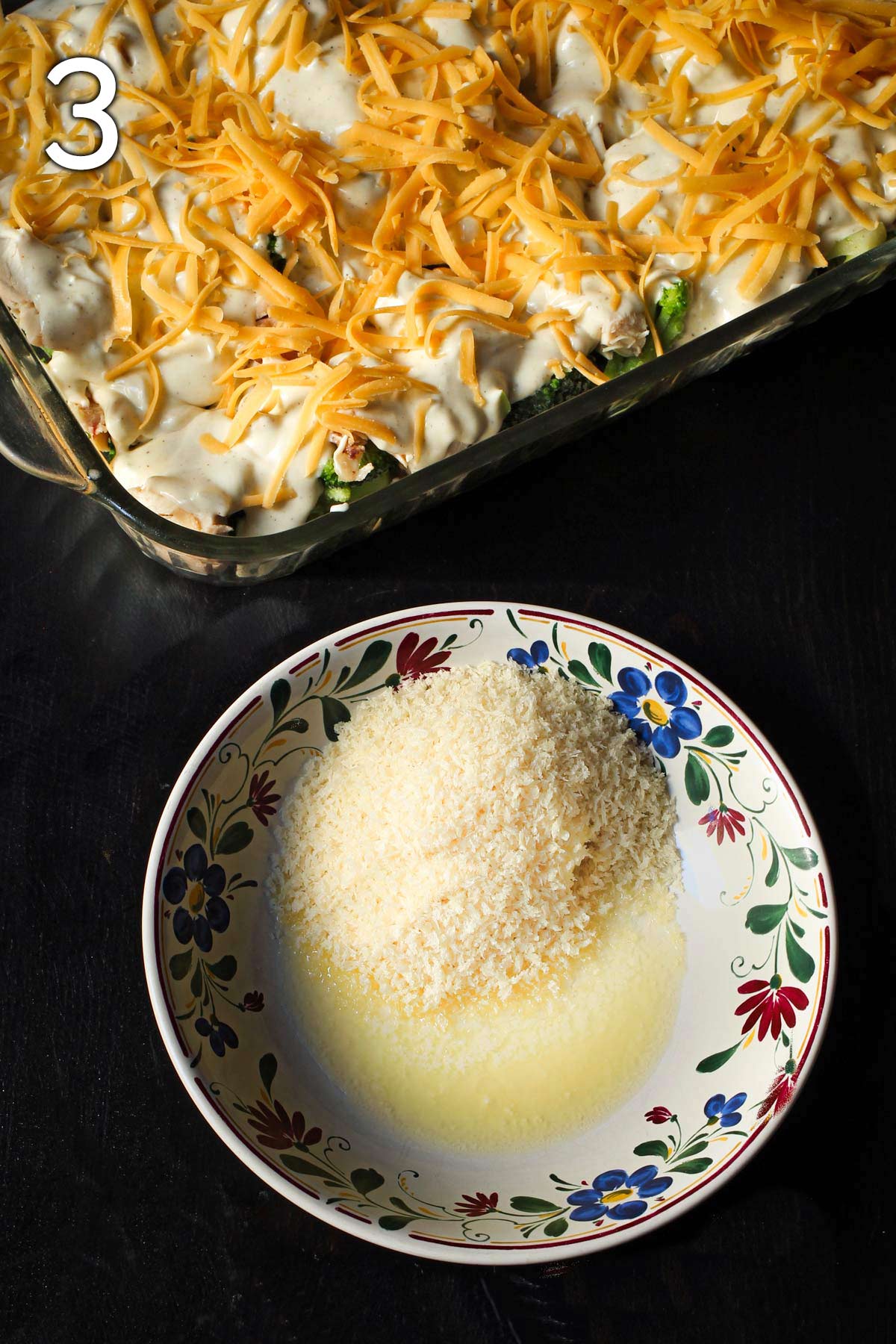 mixing butter and crumbs in small dish next to casserole with cheese on it.