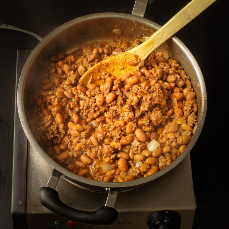 cooked chili in skillet.