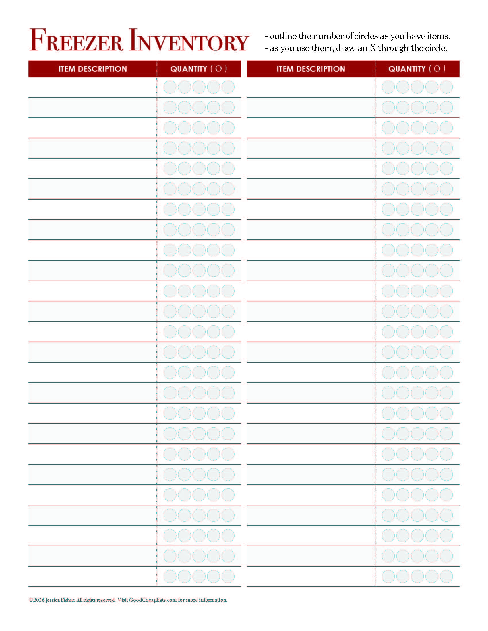 screenshot of freezer printable worksheet.