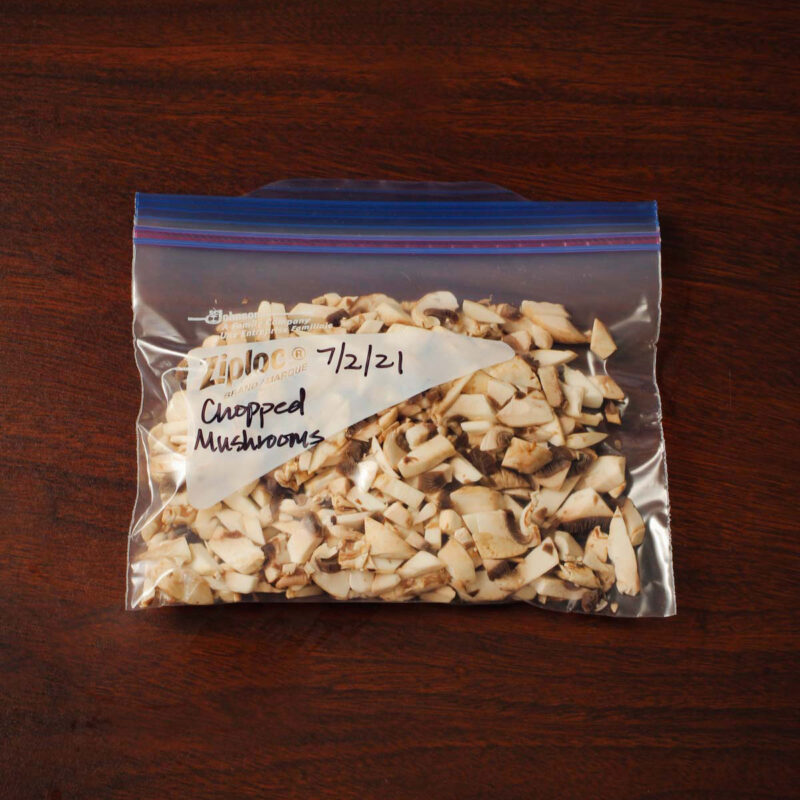 chopped mushrooms in a bag for freezing.