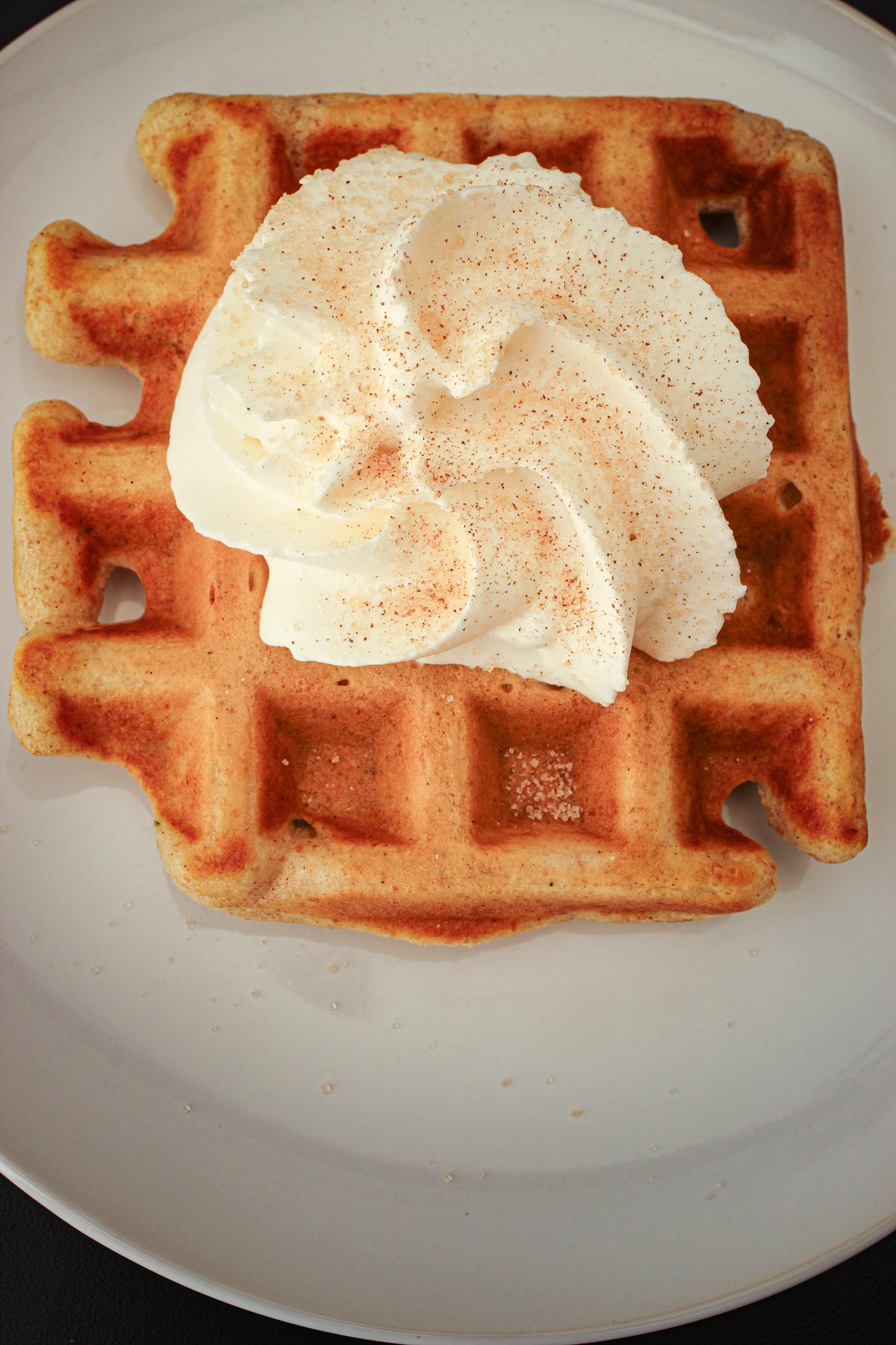 close-up of cinnamon waffle topped with whipped cream.