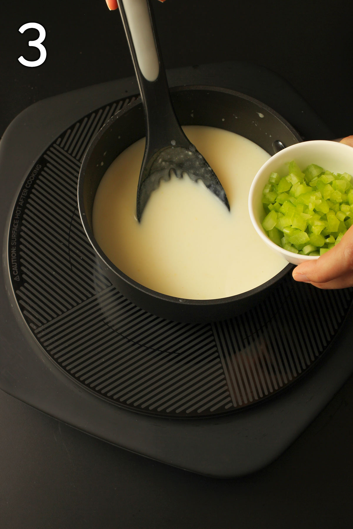 stirring in chopped celery into mixture in sauce pan.