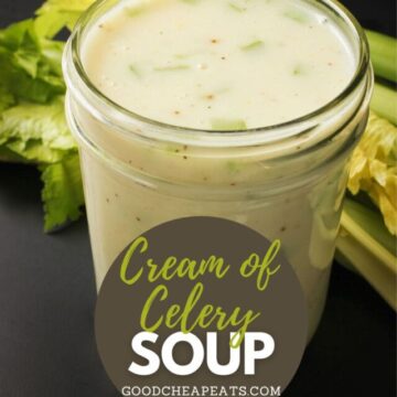 jar of cream of celery soup with text overlay.