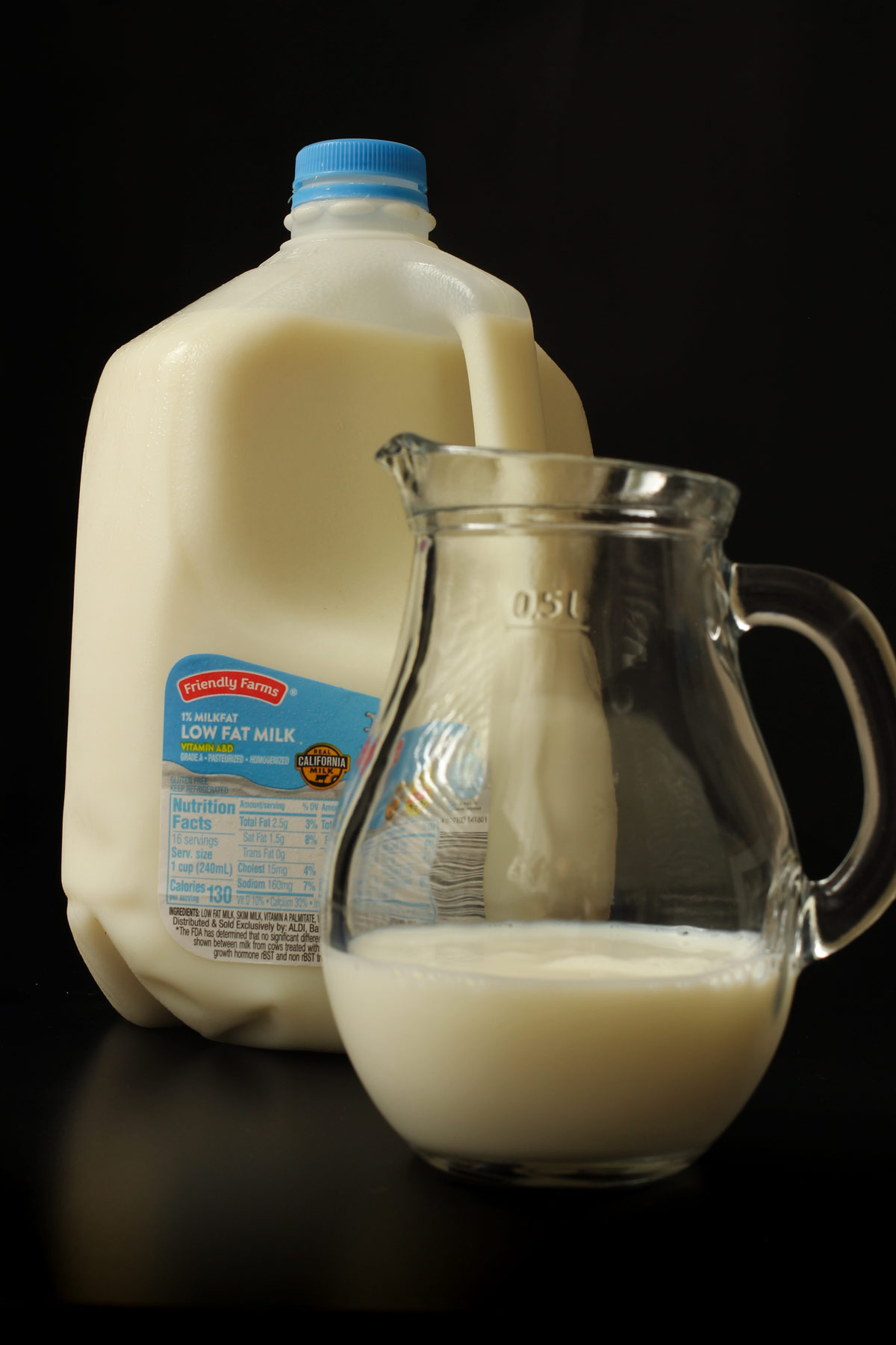 some milk poured from gallon jug into a small pitcher.