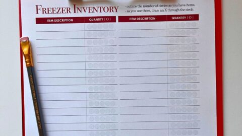 square crop of freezer inventory sheet on red clipboard.