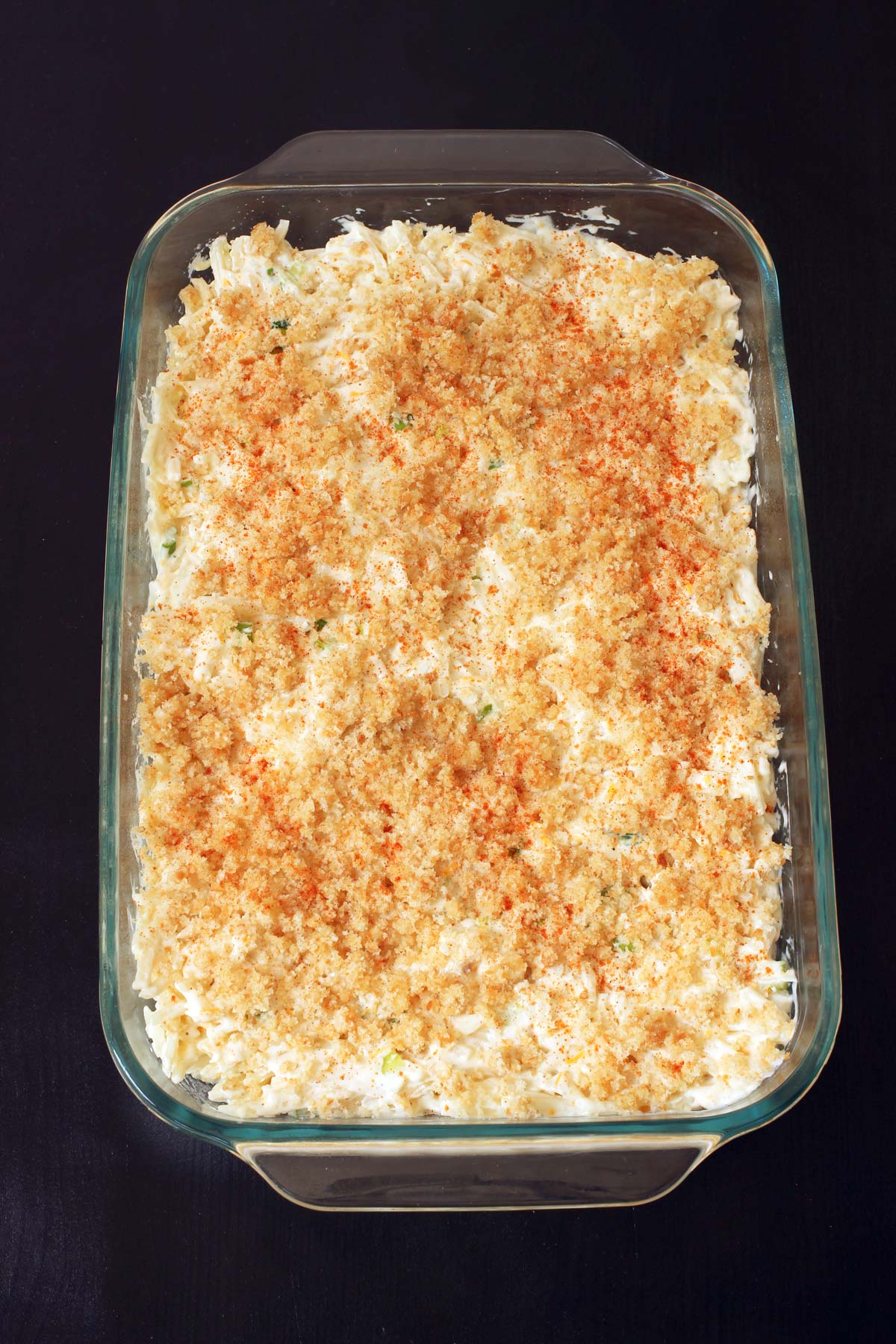 buttered bread crumbs sprinkled atop the casserole.