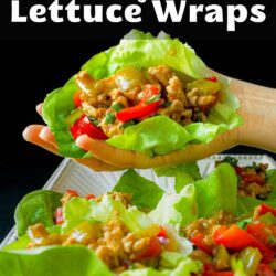 PIN image of a hand holding a lettuce wrap over a platter of wraps.