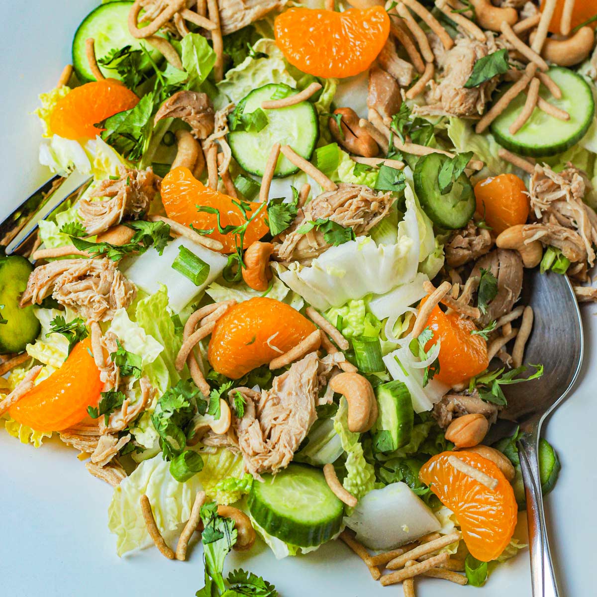 close up of asian cabbage salad with serving spoon in white platter.