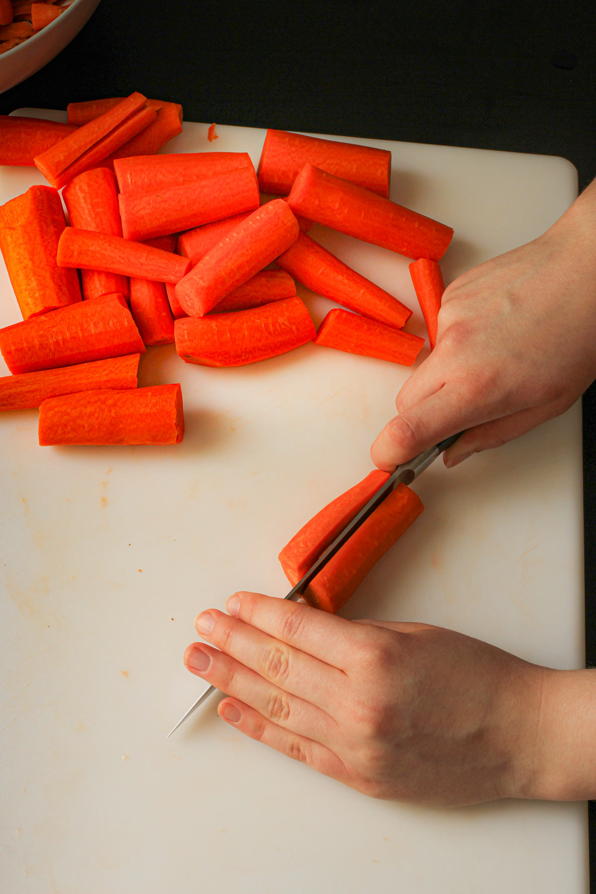 cutting the chunks in half lengthwise.