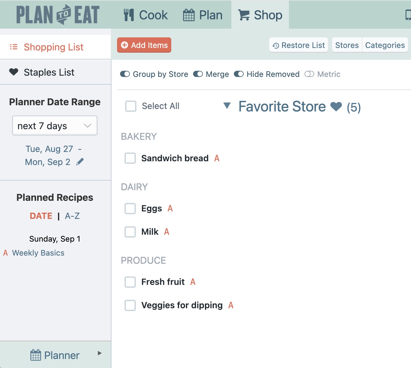 screen shot of plan to eat shopping list.