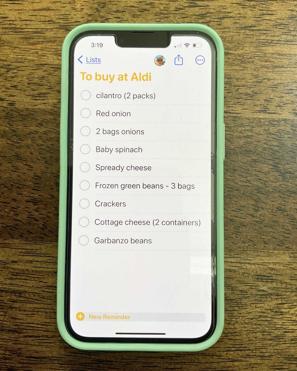 grocery list on reminders app on phone.