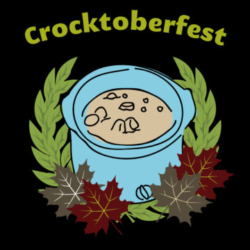 graphic of a blue carton crockpot surrounded by fall leaves and the word Crocktoberfest.