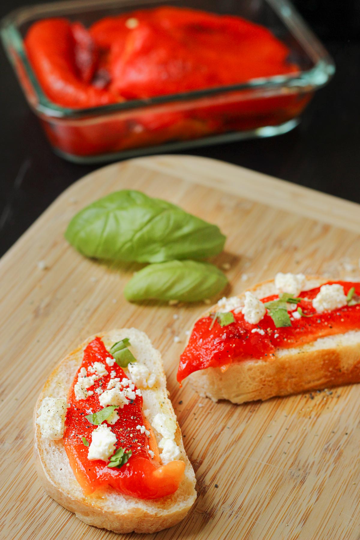 roasted red pepper in a dish and on crostini.