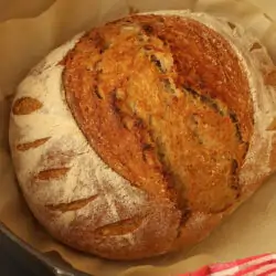 baked sourdough rye boule on paper in dutch oven.