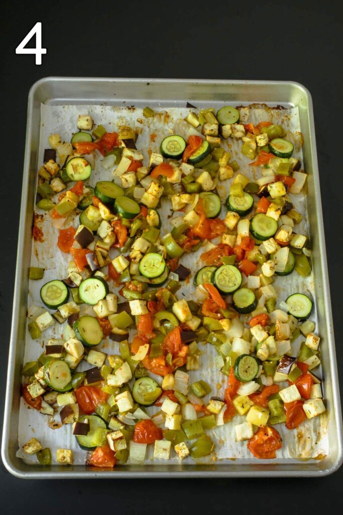 ratatouille baked in the oven on a large sheet pan.