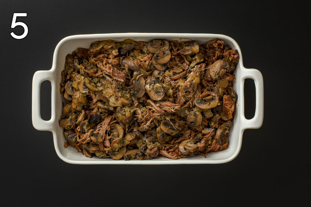 shredded beef in a serving dish.