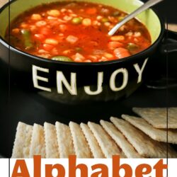 labeled pinterest image featuring bowl of alphabet soup next to pile of saltine crackers.