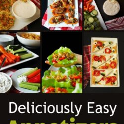 collage of easy appetizers including zucchini fritters, stuffed peppers, chips and dip, lettuce wraps, and margherita pizza.