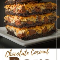 labeled image for pinterest featuring stack of four cookie bars on a small white square plate.