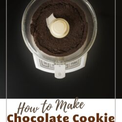 pinterest image featuring open food processor bowl full of chocolate cookie crumbs.
