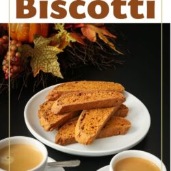 Pumpkin Biscotti pin with fall decor, platter of biscotti, and cups of coffee.