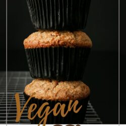 labeled image for pinterest featuring stack of three vegan muffins in black muffin papers.