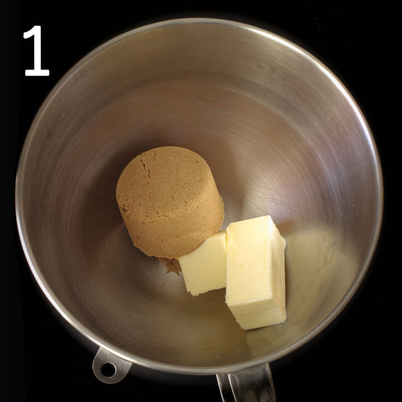 butter and brown sugar in mixing bowl.