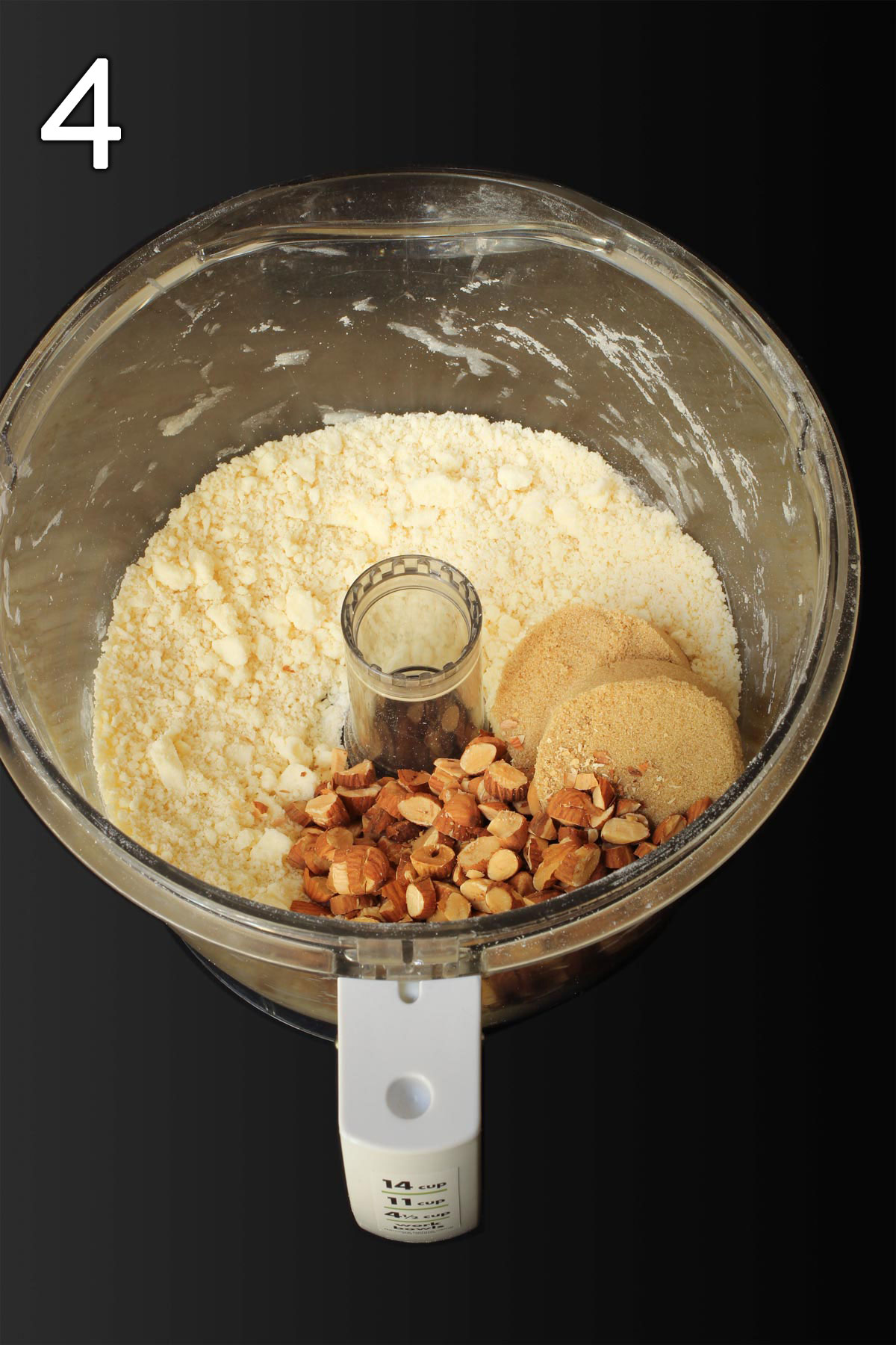 flour, butter, nuts and brown sugar in food processor.