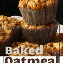 labeled pinterest image with stack of oatmeal cups in lined basket.