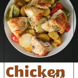 labeled pinterest image featuring platter of vegetables and chicken on black table.