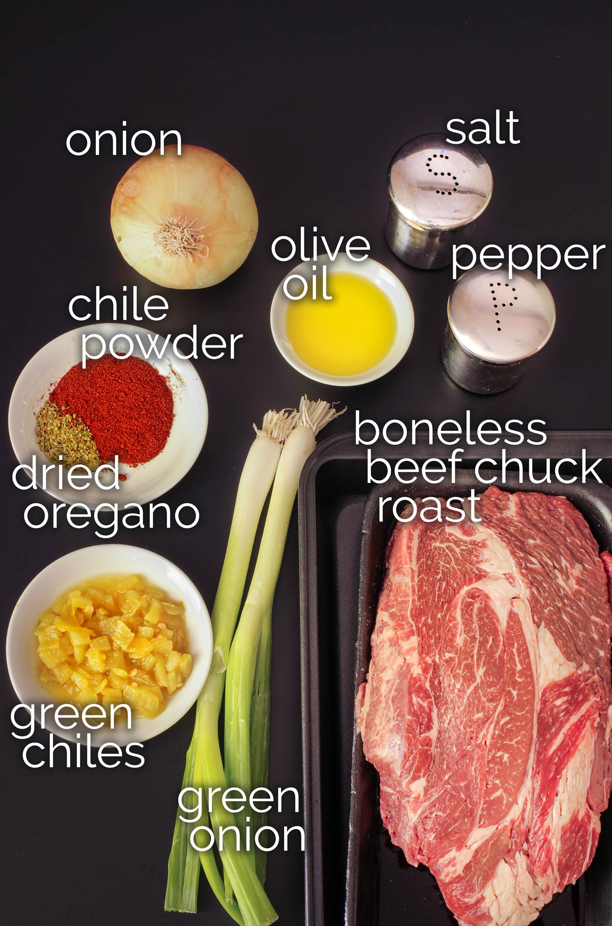 ingredients for shredded beef measured and laid out on the table top.