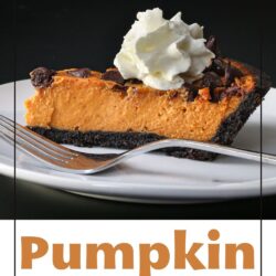 slice of pumpkin pie with chocolate on a white plate in front of a black backdrop with text overlay.
