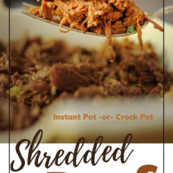 pinterest image featuring forkful of shredded beef over the serving platter with instant pot in the background.