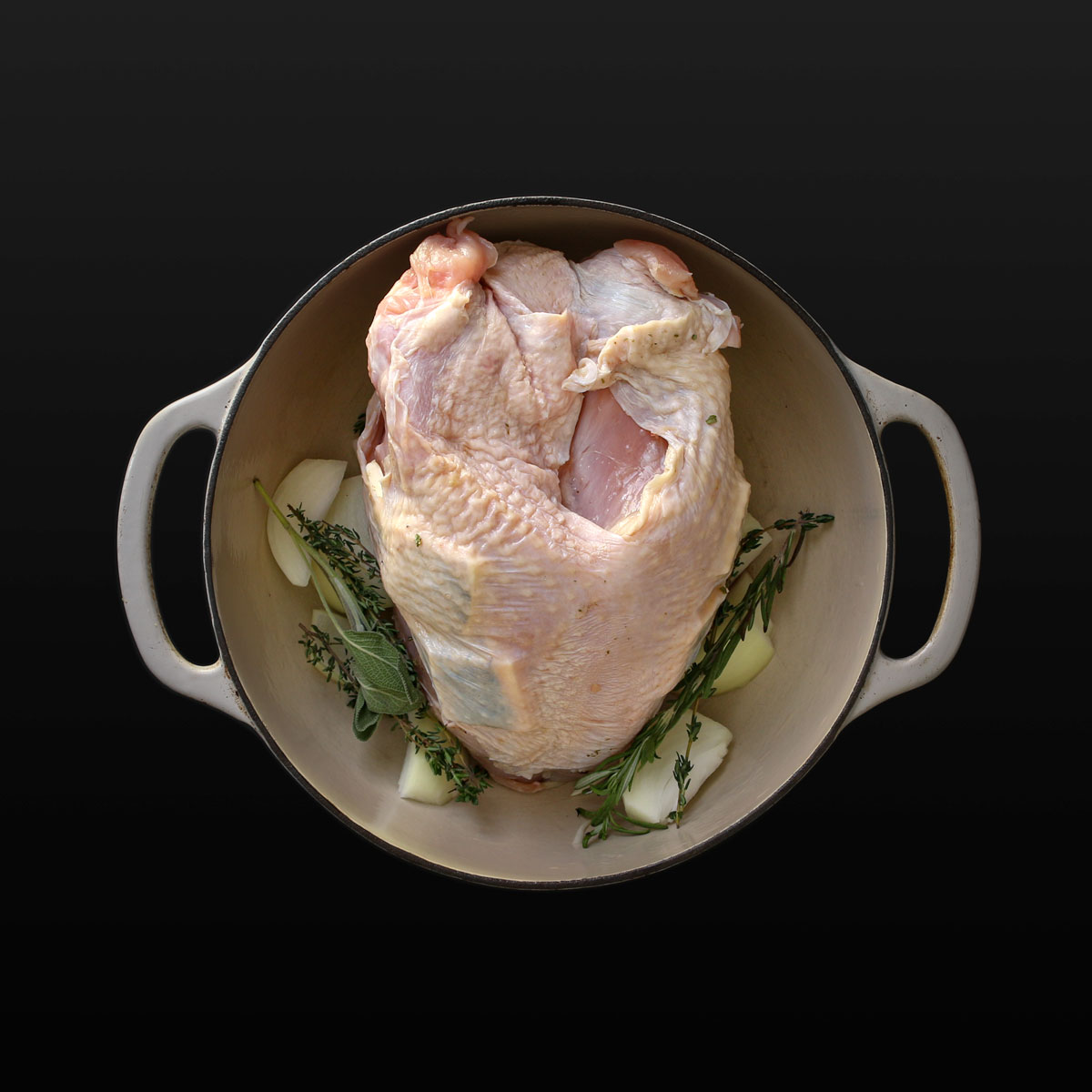 turkey breast in dutch oven ready to bake.