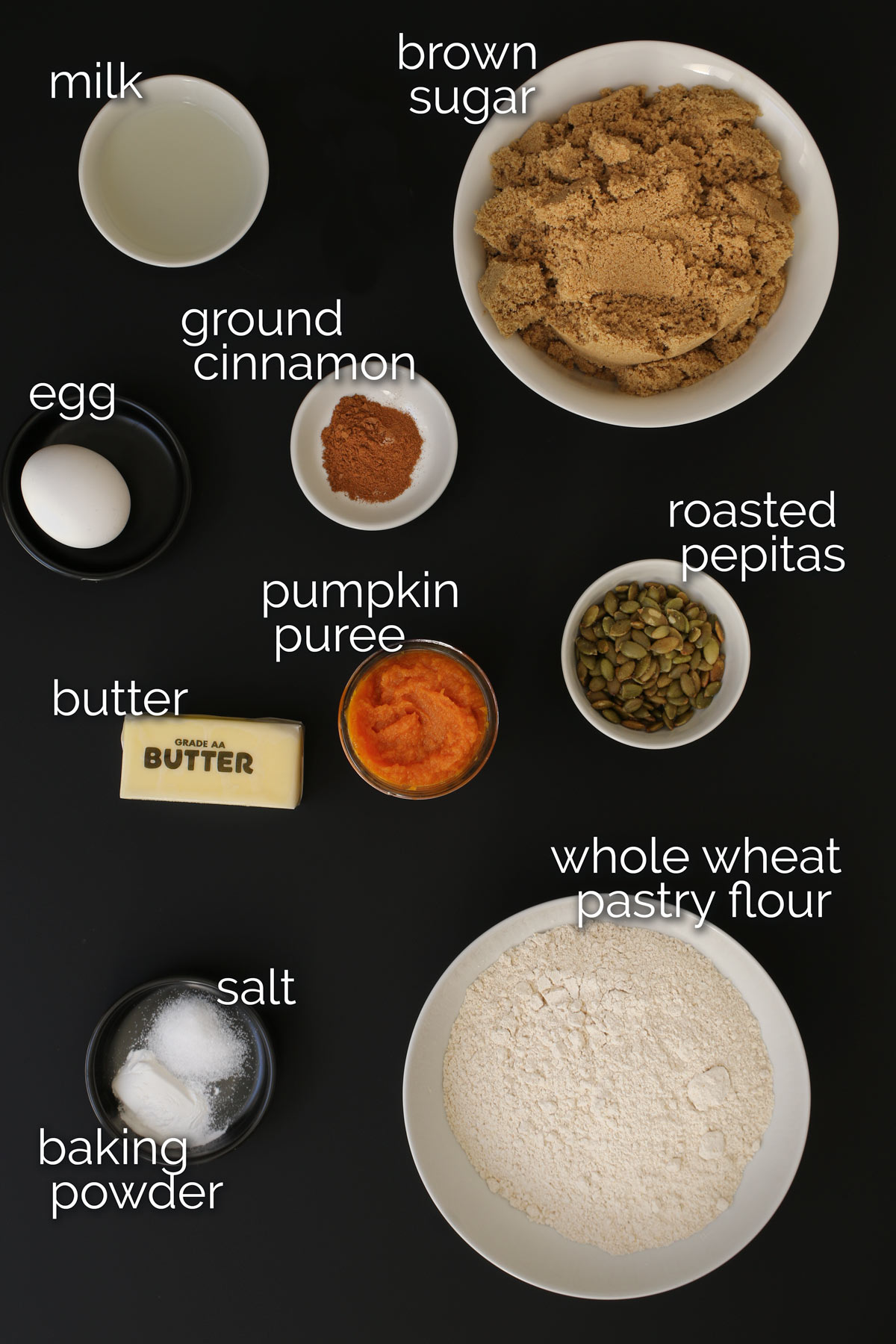 ingredients for pumpkin coffee cake laid out on a table top.